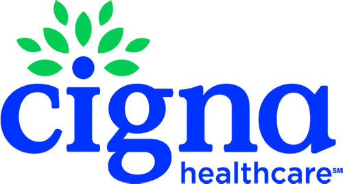 Cigna Healthcare logo featuring the word cigna in blue lowercase letters with a green and blue abstract tree design above the i, and healthcare written in smaller blue letters below.