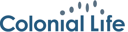 Colonial Life logo with the company name in blue font and five blue oval dots arranged in an arch above the word Life.